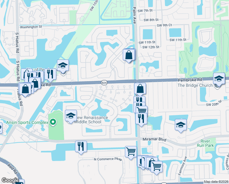 map of restaurants, bars, coffee shops, grocery stores, and more near 1836 Southwest 102nd Way in Miramar