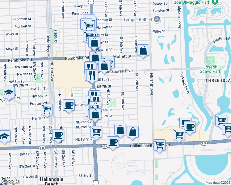 map of restaurants, bars, coffee shops, grocery stores, and more near 913 Northeast 5th Street in Hallandale Beach