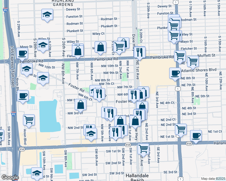 map of restaurants, bars, coffee shops, grocery stores, and more near 604 Northwest 4th Avenue in Hallandale Beach