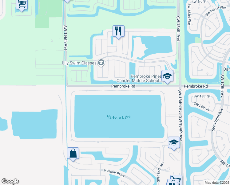 map of restaurants, bars, coffee shops, grocery stores, and more near 19036 Southwest 17th Court in Miramar