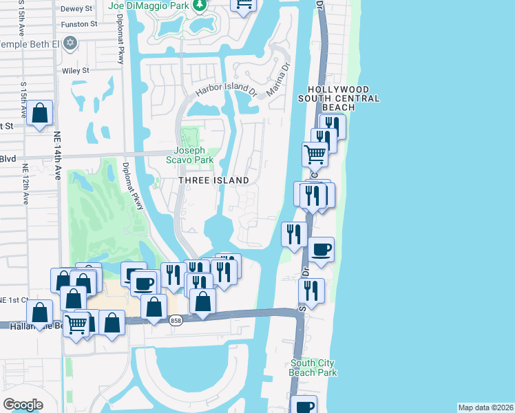 map of restaurants, bars, coffee shops, grocery stores, and more near 517 Leslie Drive in Hallandale Beach