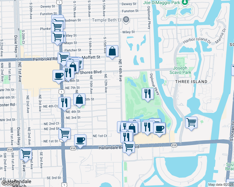 map of restaurants, bars, coffee shops, grocery stores, and more near 501 Northeast 14th Avenue in Hallandale Beach