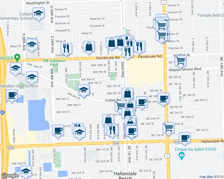 map of restaurants, bars, coffee shops, grocery stores, and more near 601 Northwest 2nd Avenue in Hallandale Beach