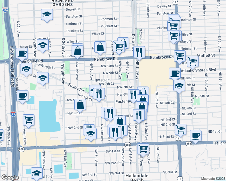 map of restaurants, bars, coffee shops, grocery stores, and more near 604 Northwest 4th Avenue in Hallandale Beach