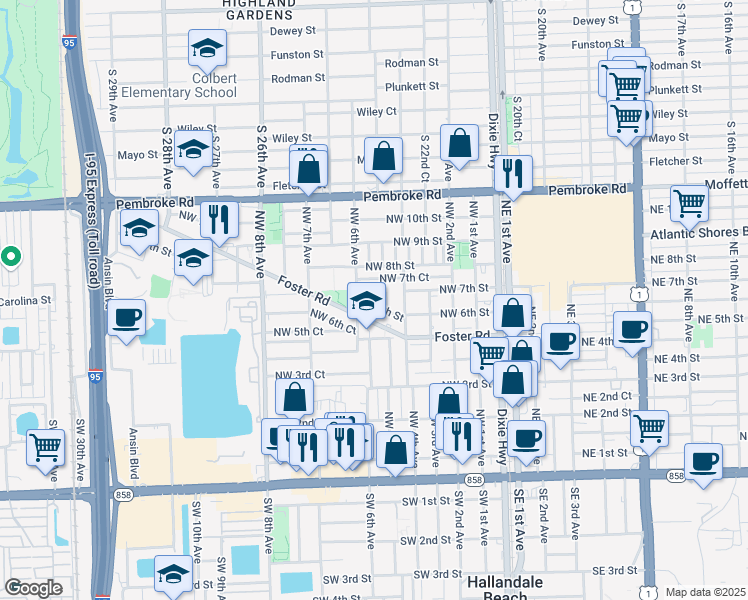 map of restaurants, bars, coffee shops, grocery stores, and more near 517 Northwest 6th Street in Hallandale Beach