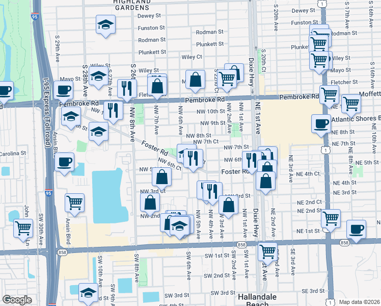 map of restaurants, bars, coffee shops, grocery stores, and more near 517 Northwest 6th Street in Hallandale Beach