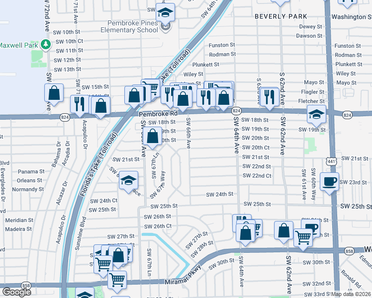 map of restaurants, bars, coffee shops, grocery stores, and more near 2111 Southwest 67th Avenue in Miramar