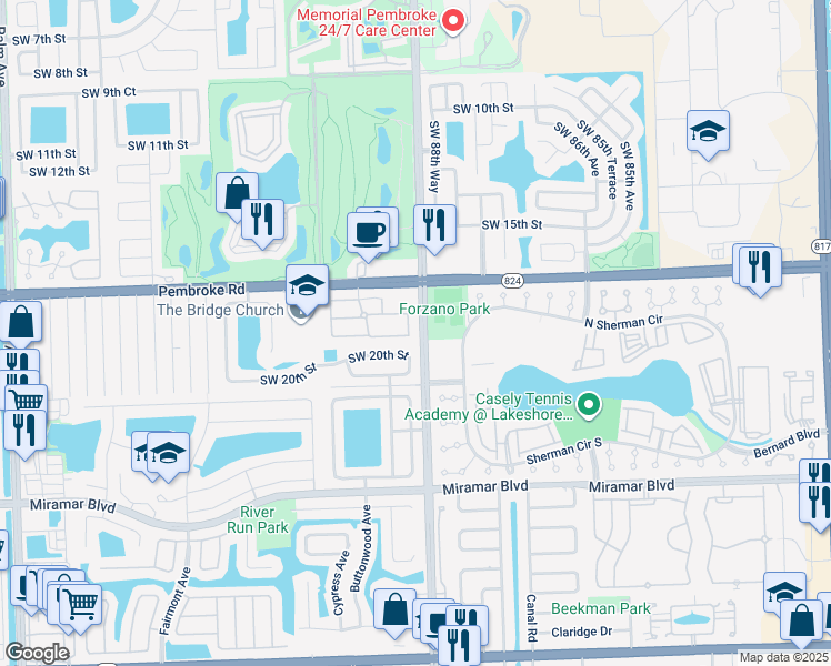map of restaurants, bars, coffee shops, grocery stores, and more near 8900 Southwest 19th Street in Miramar