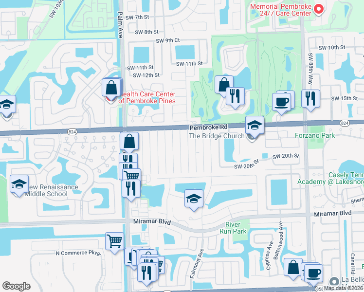 map of restaurants, bars, coffee shops, grocery stores, and more near 1821 Southwest 97th Terrace in Miramar