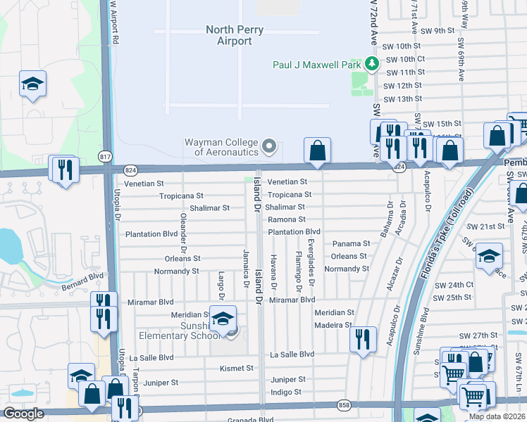 map of restaurants, bars, coffee shops, grocery stores, and more near 2011 Island Drive in Miramar