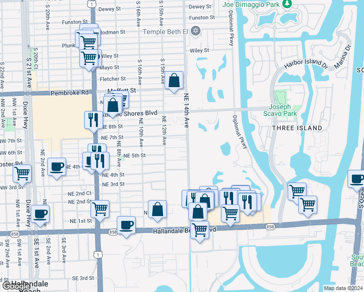 map of restaurants, bars, coffee shops, grocery stores, and more near 609 Northeast 14th Avenue in Hallandale Beach