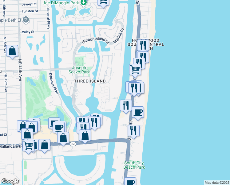 map of restaurants, bars, coffee shops, grocery stores, and more near 400 Leslie Drive in Hallandale Beach
