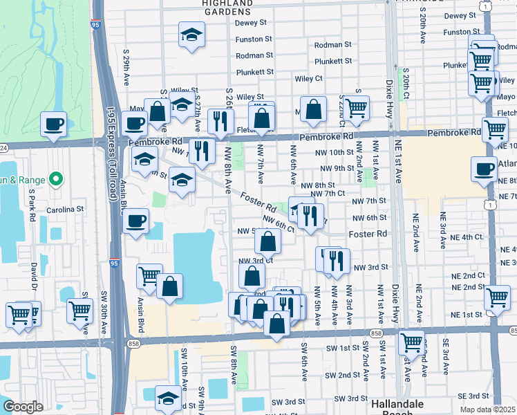 map of restaurants, bars, coffee shops, grocery stores, and more near 609 Northwest 7th Avenue in Hallandale Beach