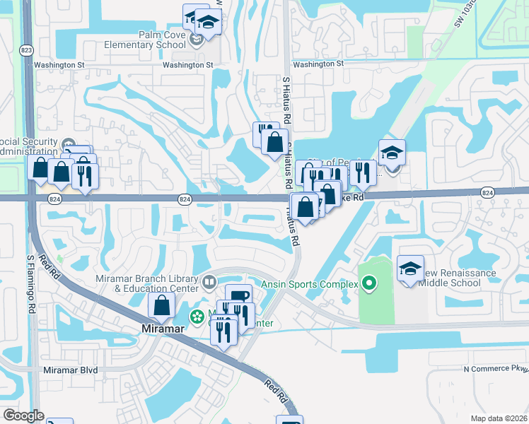 map of restaurants, bars, coffee shops, grocery stores, and more near 11324 Southwest 17th Court in Miramar