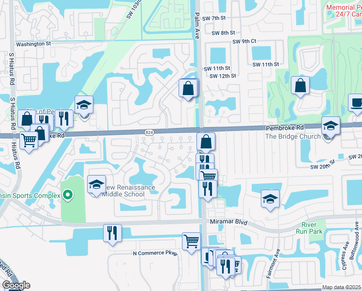 map of restaurants, bars, coffee shops, grocery stores, and more near 1813 Southwest 101st Way in Miramar