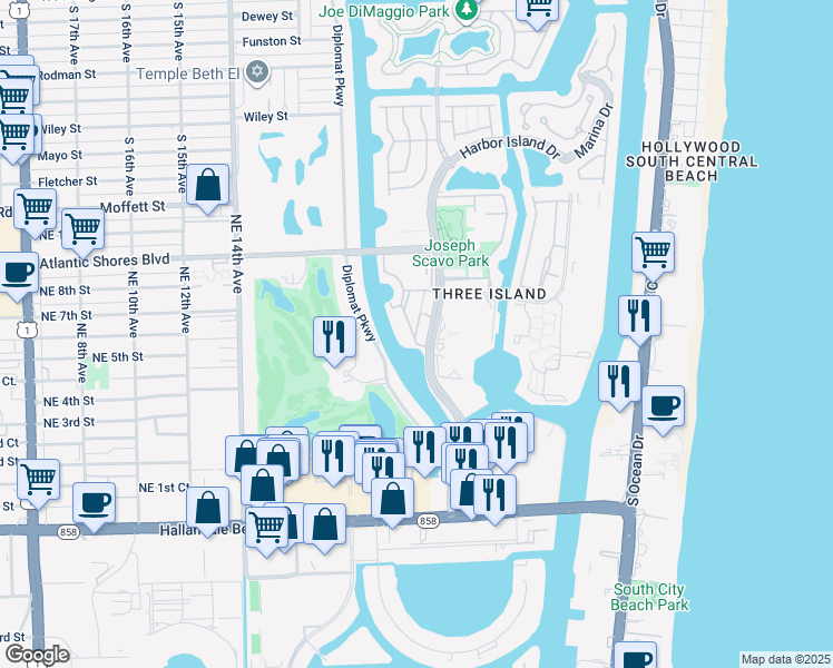 map of restaurants, bars, coffee shops, grocery stores, and more near 501 Three Islands Boulevard in Hallandale Beach