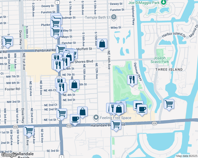 map of restaurants, bars, coffee shops, grocery stores, and more near 610 Northeast 12th Avenue in Hallandale Beach