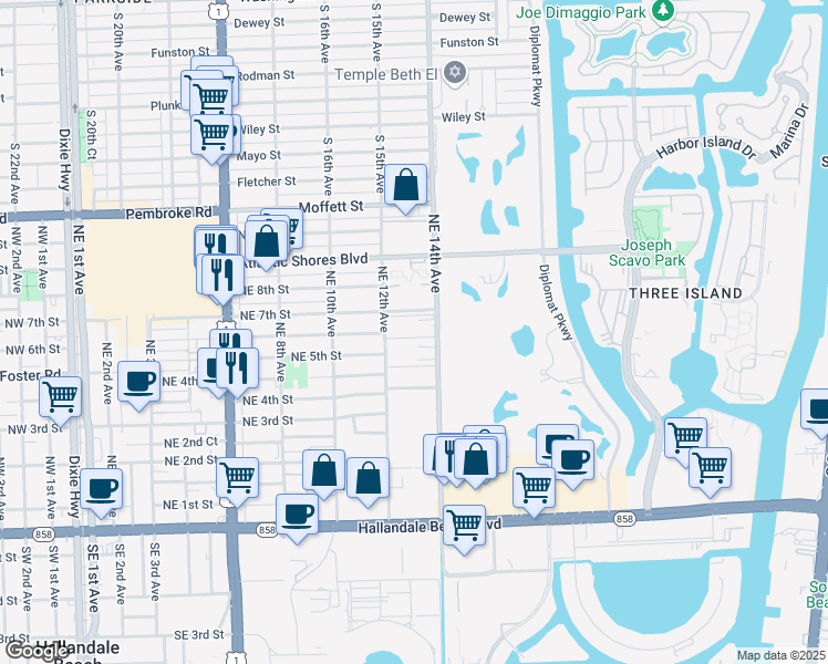 map of restaurants, bars, coffee shops, grocery stores, and more near 500 Northeast 12th Avenue in Hallandale Beach