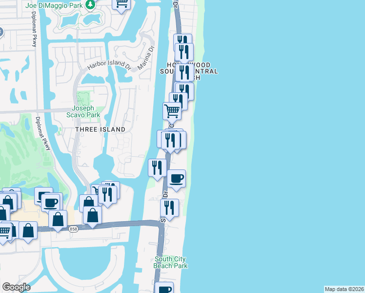 map of restaurants, bars, coffee shops, grocery stores, and more near 3555 South Ocean Drive in Hollywood