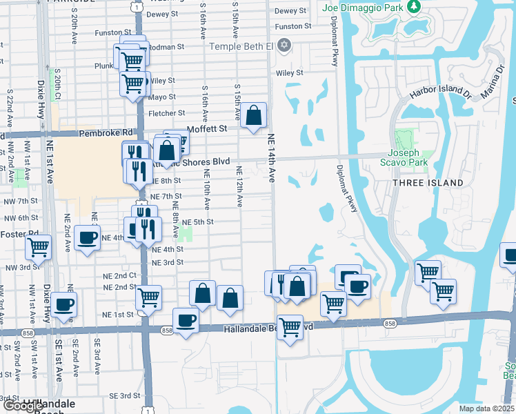 map of restaurants, bars, coffee shops, grocery stores, and more near 500 Northeast 12th Avenue in Hallandale Beach