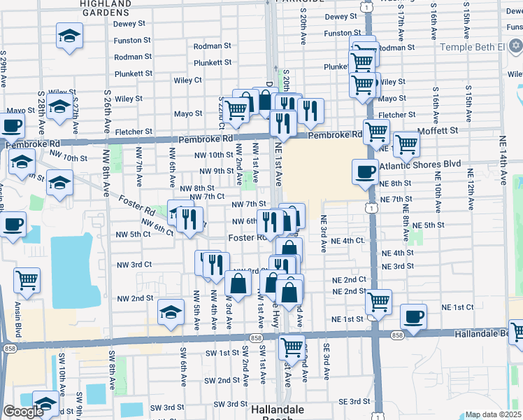 map of restaurants, bars, coffee shops, grocery stores, and more near 605 Northwest 1st Avenue in Hallandale Beach