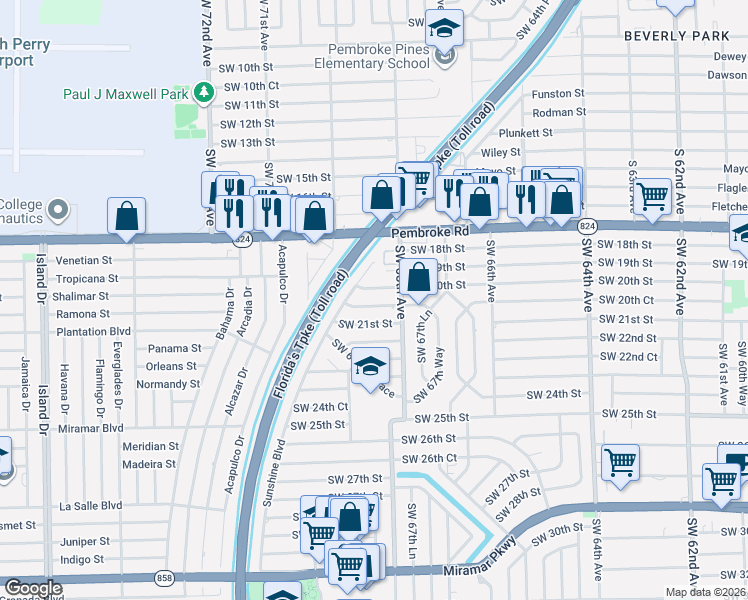 map of restaurants, bars, coffee shops, grocery stores, and more near 6838 Southwest 20th Court in Miramar