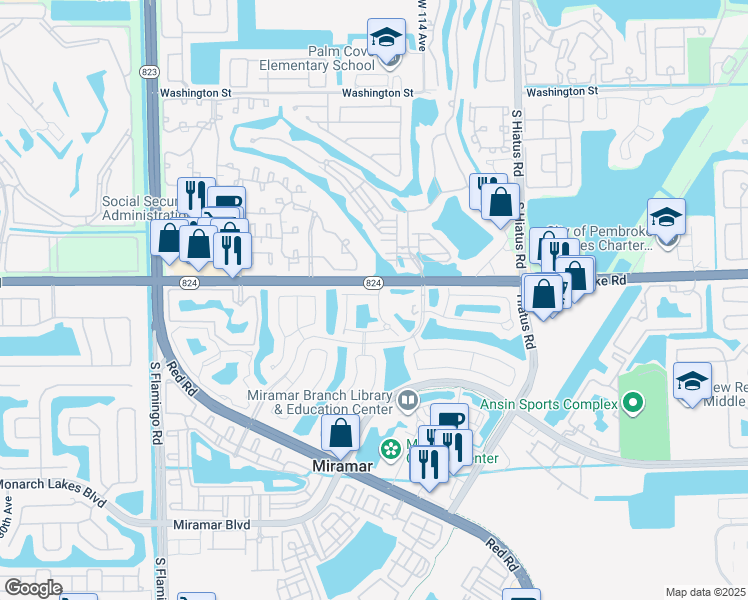 map of restaurants, bars, coffee shops, grocery stores, and more near 1820 Southwest 116th Way in Miramar