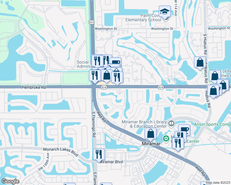 map of restaurants, bars, coffee shops, grocery stores, and more near 12148 St.Andrews Place in Miramar