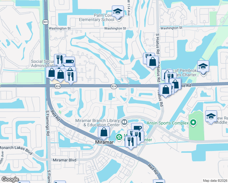 map of restaurants, bars, coffee shops, grocery stores, and more near 1820 Southwest 116th Way in Miramar