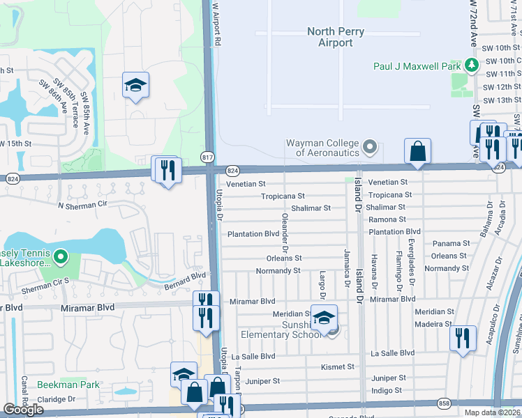 map of restaurants, bars, coffee shops, grocery stores, and more near 7917 Ramona Street in Miramar