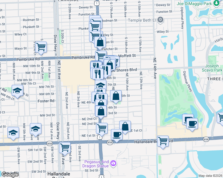 map of restaurants, bars, coffee shops, grocery stores, and more near 801 Northeast 5th Street in Hallandale Beach