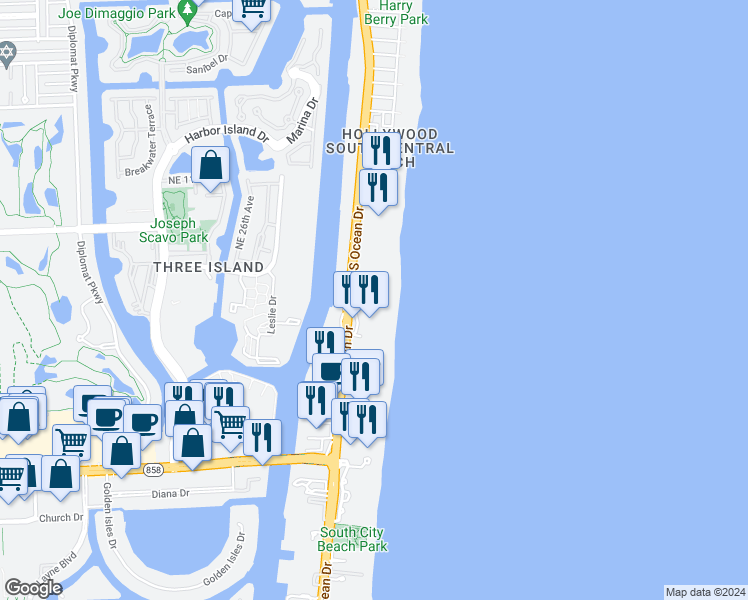 map of restaurants, bars, coffee shops, grocery stores, and more near 3555 South Ocean Drive in Hollywood