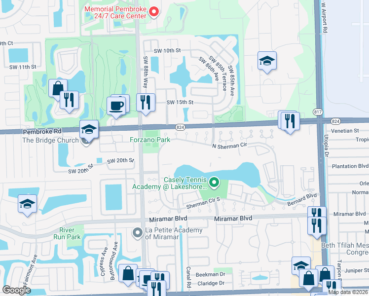map of restaurants, bars, coffee shops, grocery stores, and more near 8560 Sherman Circle North in Miramar