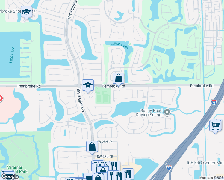 map of restaurants, bars, coffee shops, grocery stores, and more near 1802 Southwest 156th Avenue in Miramar