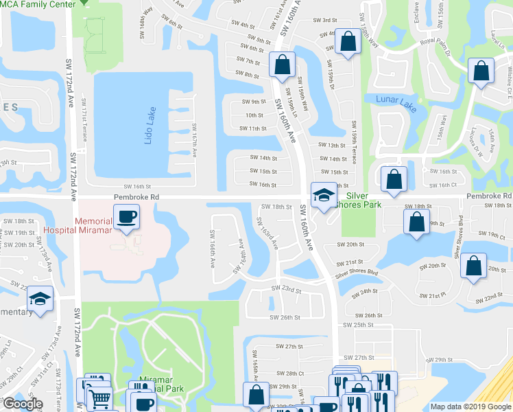 map of restaurants, bars, coffee shops, grocery stores, and more near 1802 Southwest 163rd Avenue in Miramar