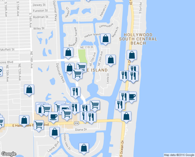map of restaurants, bars, coffee shops, grocery stores, and more near 2653 Parkview Drive South in Hallandale Beach