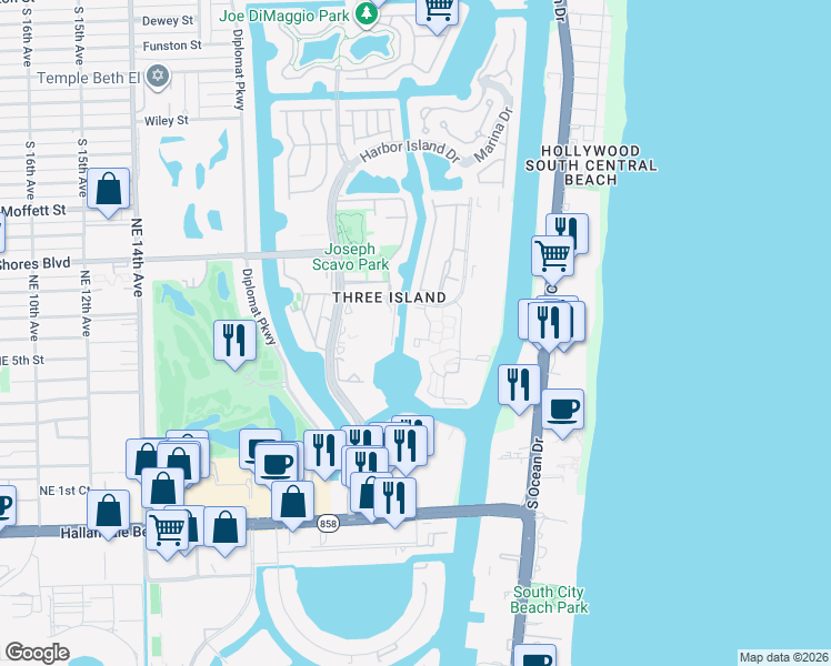 map of restaurants, bars, coffee shops, grocery stores, and more near 2653 Parkview Drive South in Hallandale Beach