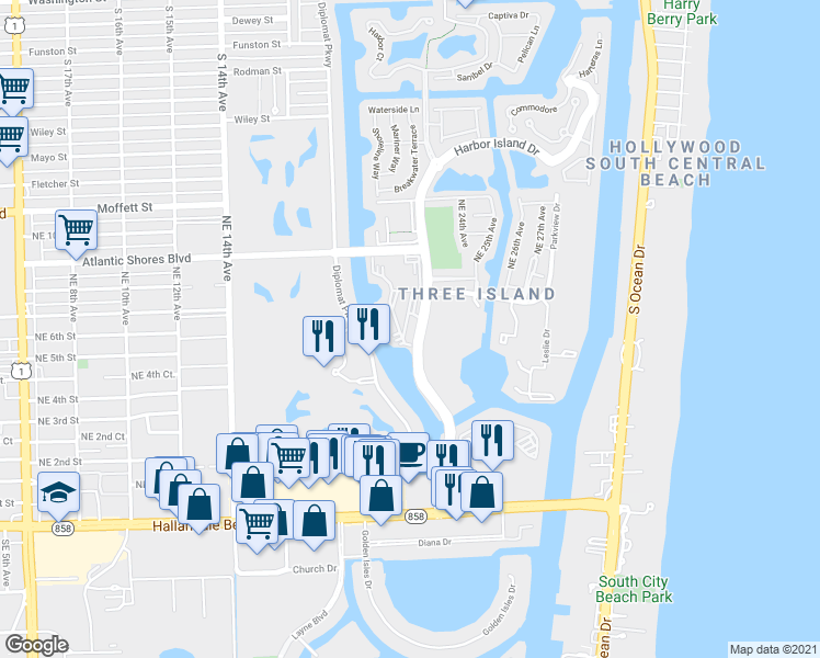 map of restaurants, bars, coffee shops, grocery stores, and more near 501 Three Islands Boulevard in Hallandale Beach