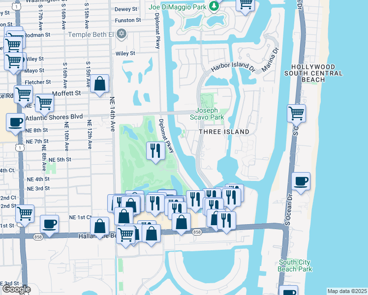 map of restaurants, bars, coffee shops, grocery stores, and more near 601 Three Islands Boulevard in Hallandale Beach