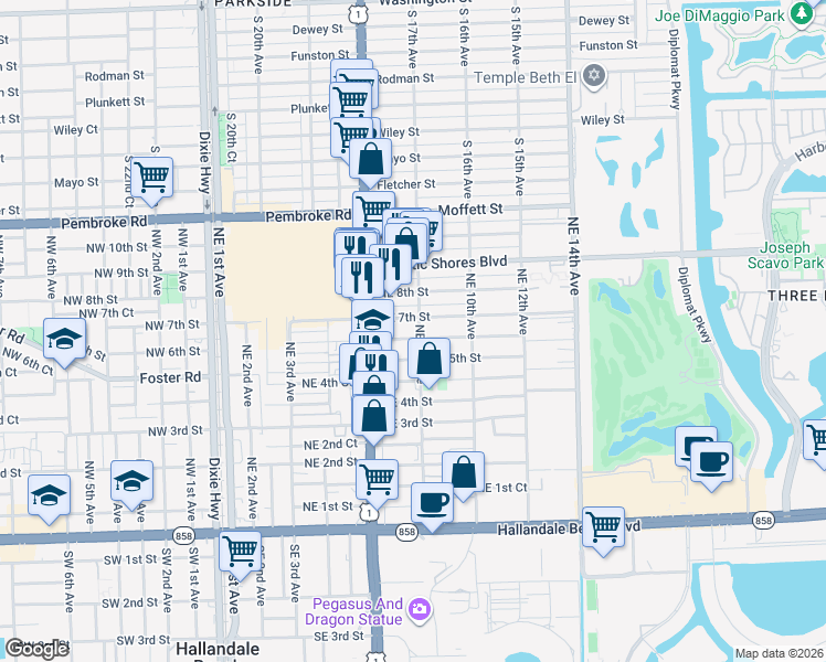 map of restaurants, bars, coffee shops, grocery stores, and more near 801 Northeast 5th Street in Hallandale Beach