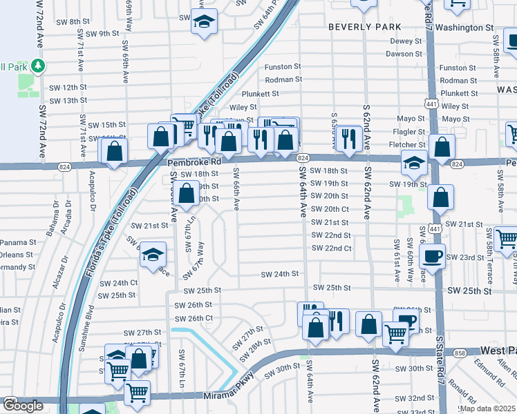 map of restaurants, bars, coffee shops, grocery stores, and more near 6530 Southwest 20th Court in Miramar