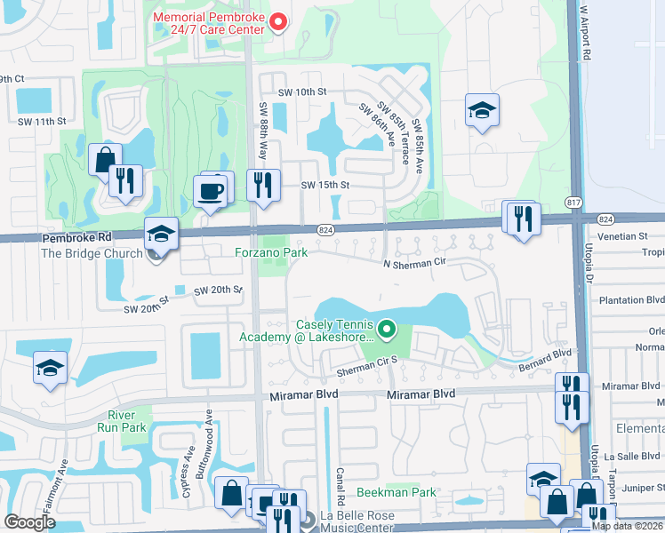 map of restaurants, bars, coffee shops, grocery stores, and more near 8560 Sherman Circle North in Miramar