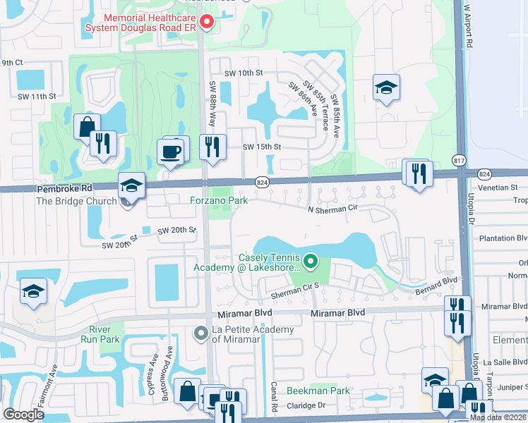 map of restaurants, bars, coffee shops, grocery stores, and more near 8560 Sherman Circle North in Miramar