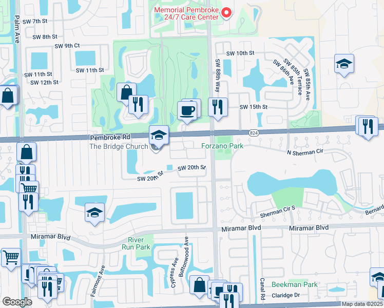map of restaurants, bars, coffee shops, grocery stores, and more near 8938 Southwest 19th Street in Miramar
