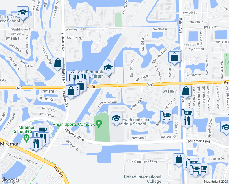 map of restaurants, bars, coffee shops, grocery stores, and more near 10730 North Preserve Way in Pembroke Pines