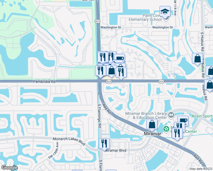 map of restaurants, bars, coffee shops, grocery stores, and more near 12148 St.Andrews Place in Miramar