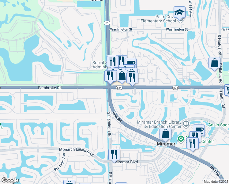 map of restaurants, bars, coffee shops, grocery stores, and more near 12160 Saint Andrews Place in Miramar