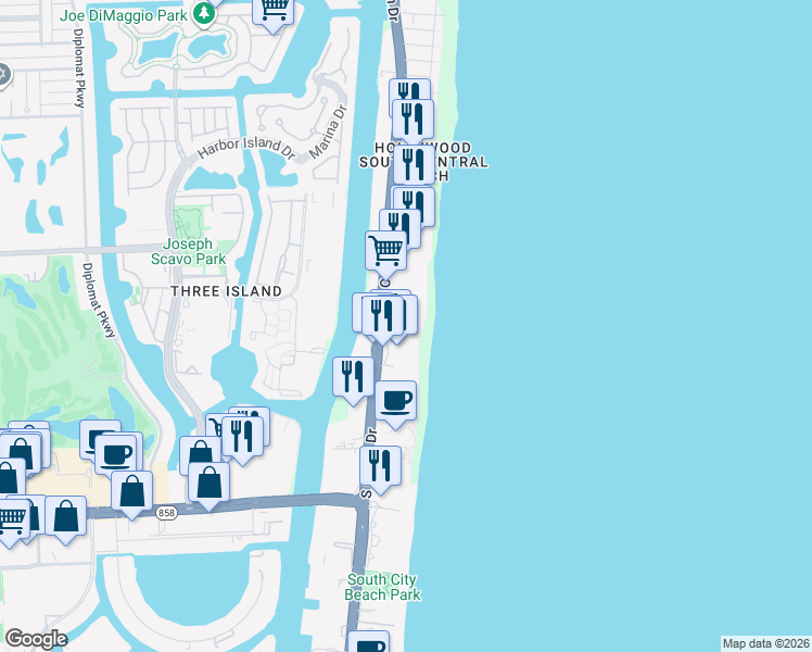 map of restaurants, bars, coffee shops, grocery stores, and more near 3555 South Ocean Drive in Hollywood