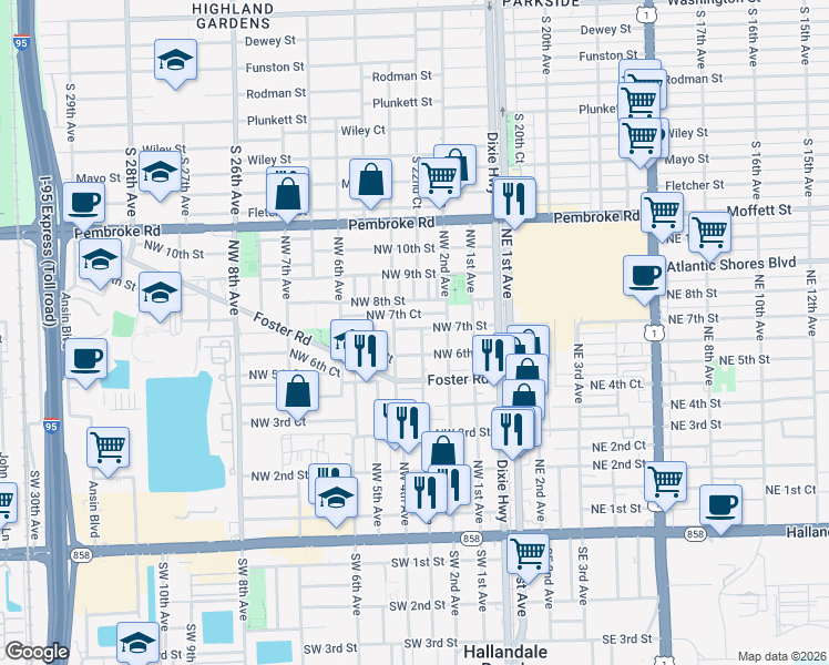 map of restaurants, bars, coffee shops, grocery stores, and more near 604 Northwest 4th Avenue in Hallandale Beach