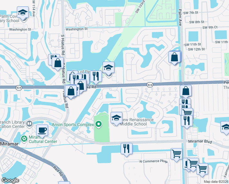 map of restaurants, bars, coffee shops, grocery stores, and more near 10720 North Preserve Way in Miramar